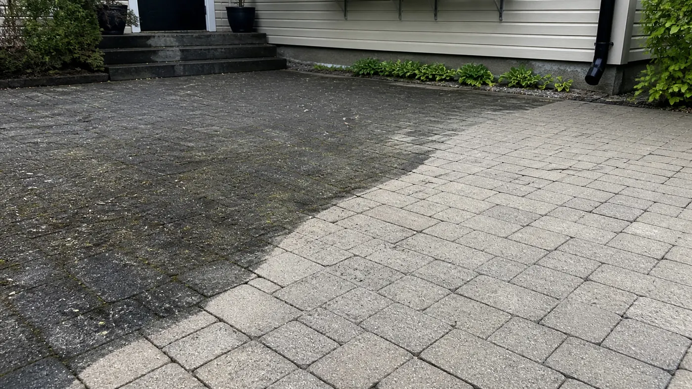 Pihakiveys ennen ja jälkeen painepesun omakotitalon pihassa.